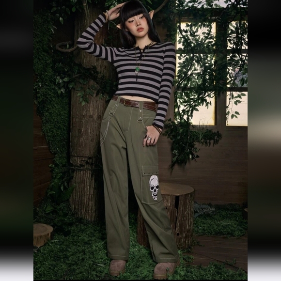 Romwe Fairycore Skull Print Green Wide Leg Cargo Pants - Picture 3 of 10